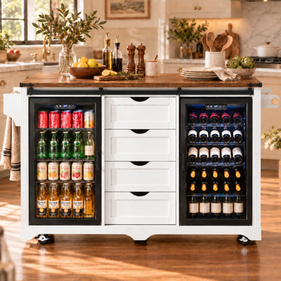 72" Farmhouse Kitchen Island with Dual Mini Fridge Storage Space & Power Outlet, Rolling Coffee Bar Cabinet on Wheels with Drop Leaf, 4 Drawers & Sliding Barn Doors