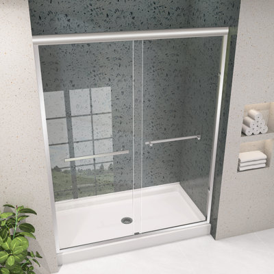 Porte de douche 72 po x 75 po à double porte coulissante semi-sans cadre avec nickel brossé et verre trempé facile à nettoyer Nano