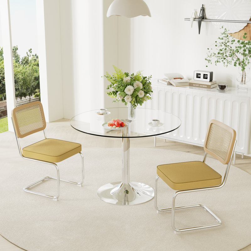 3-Piece Round Glass Dining Table Set, Yellow, 29.5" H x 39.7" L x 39.7" W