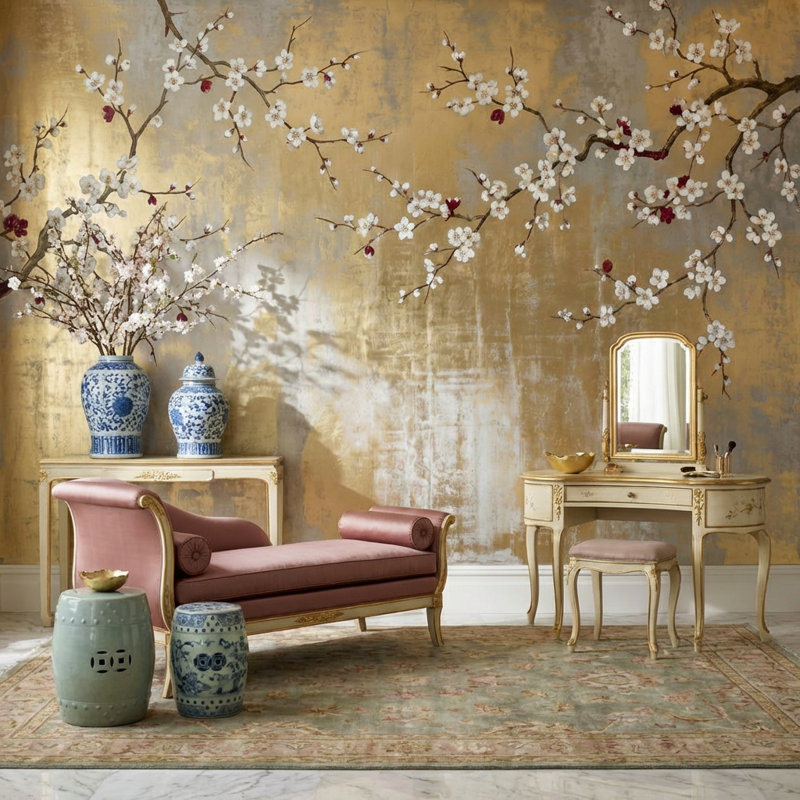 Papier peint chinois doré à motif floral amovible, 140"x108", Peler et coller