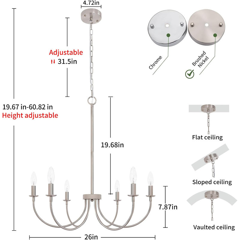 6 Lights Brushed Nickel Modern Candle Chandelier