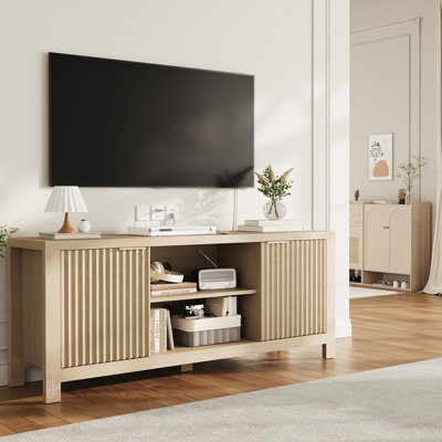 59-Inch TV Stand for TVs Up to 65", Modern Fluted Media Console with Storage Cabinets and Open Shelves, Gray Oak Wood Entertainment Center for Living Room