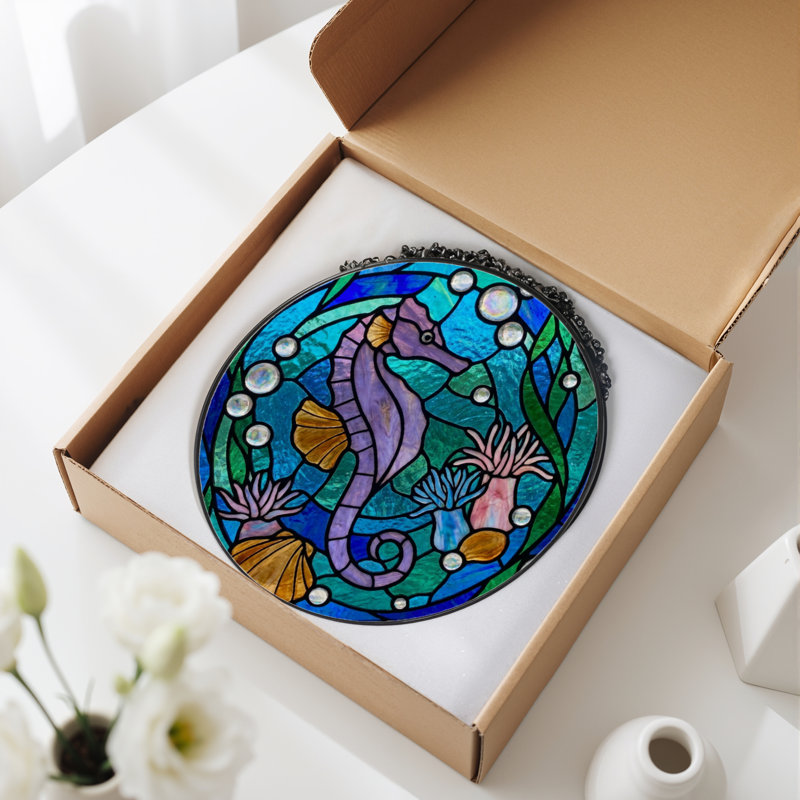 Panneau de vitrail 12 "H Seahorse Ocean, H 12 po x l 12 po