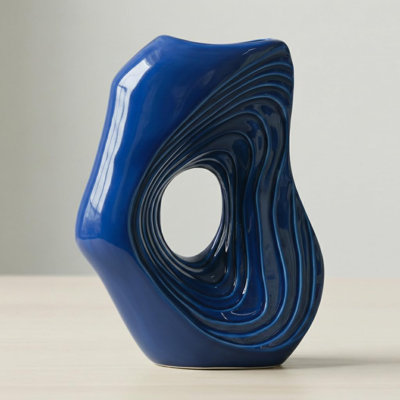 Blue Ceramic Vase For Home Decor - 11 Inch Tall Modern Decorative Flower Vase, Donut Vases For Living Room, Coastal Decor, Table, Shelf, Console, Entryway Centerpiece