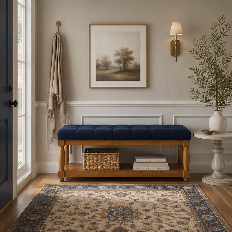 Banc rembourré avec tablette de rangement, Navy Blue+Natural