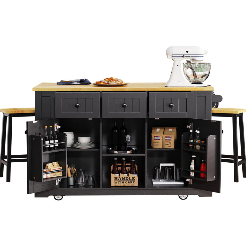 Black Kitchen Island With 2 Seats, Power Source, Internal Storage Unit, Drop-Down Leaf, 5 Side , 3 Drawers For Dynamic Spaces Chairs, Input, Storage, Wonderful Kitchens