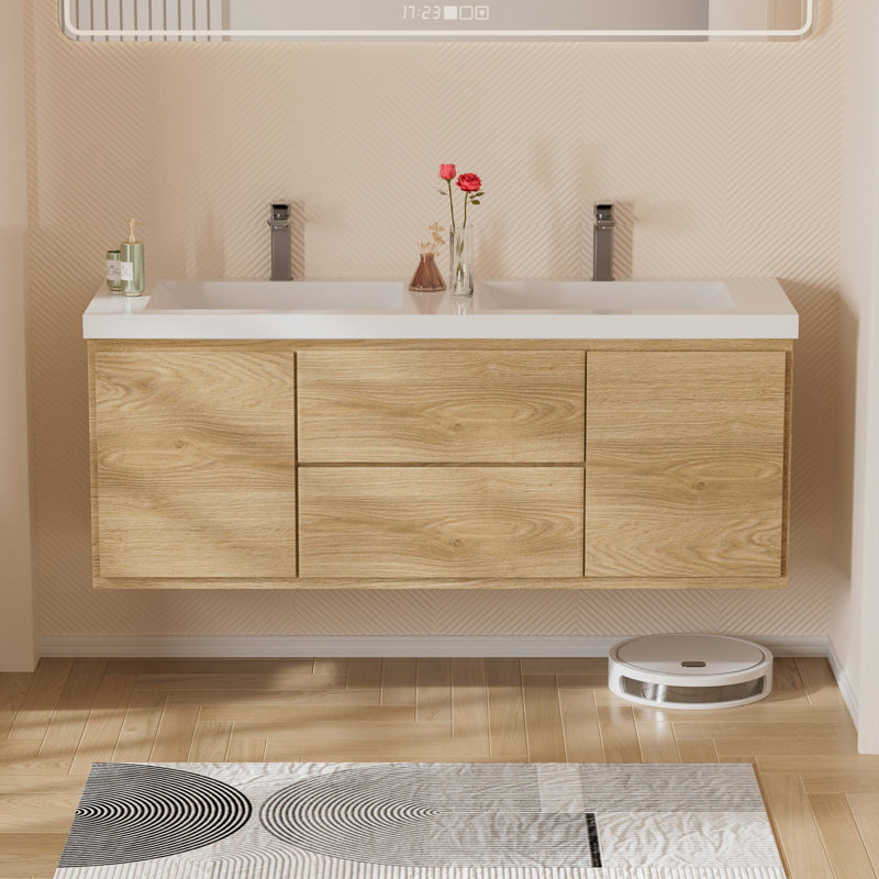 Chesham l 60 po x P 19-5 / 8 po Chesham P x 22 1/2 po H Meuble-lavabo flottant en chêne naturel avec plateau en céramique blanche assemblé