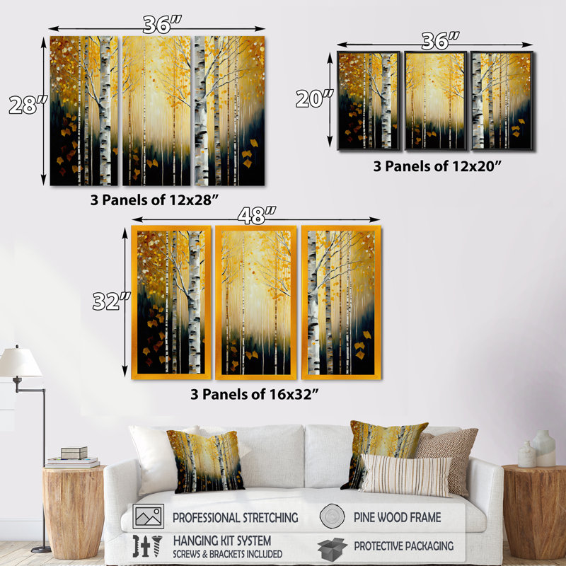 Golden Birch Trees Forest I - ensemble d'art mural sur toile paysage, H 28 po x l 36 po x P 1 po, Toile tendue