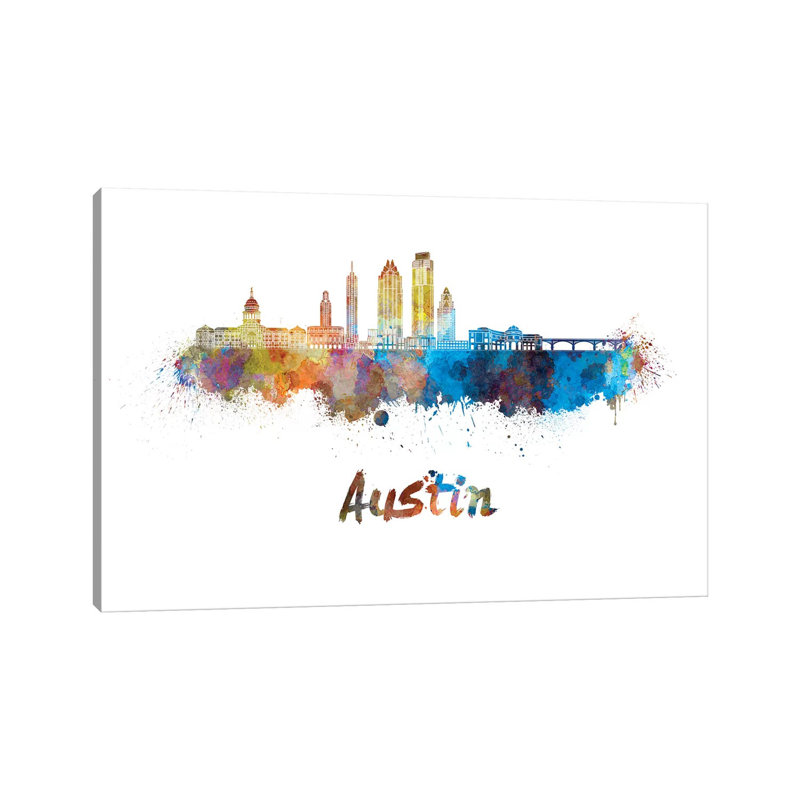 Austin Skyline in Watercolour II 1 Piece Wrapped Canvas Painting, 66.04cm H x 101.6cm W x 1.91cm