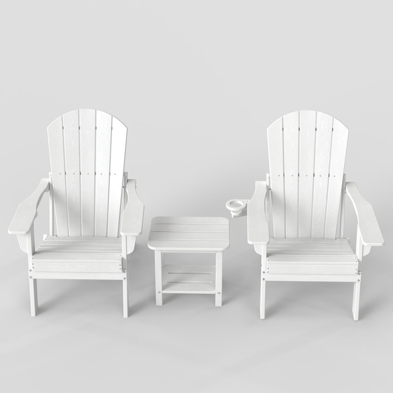 3-Piece Outdoor HDPE Adirondack Seating Set – 2 Foldable Patio Chairs With Cup Holders & 2-Tier End Table, All-Weather Poly Lumber Furniture For Porch, Backyard, Deck & Pool Area