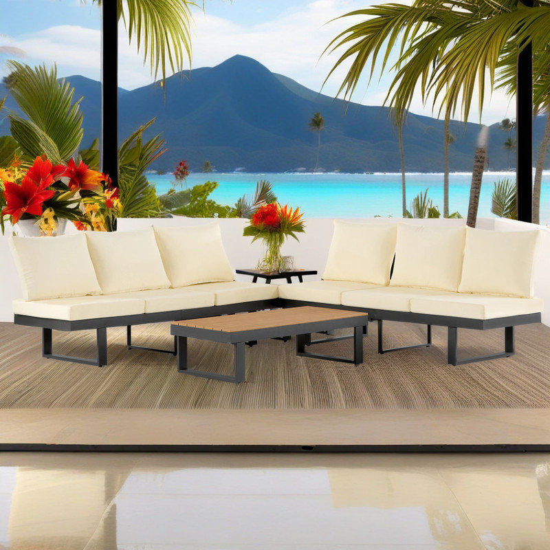 Outdoor Sectional Sofa Set with Adjustable Reclining Seats for Patio, Beige