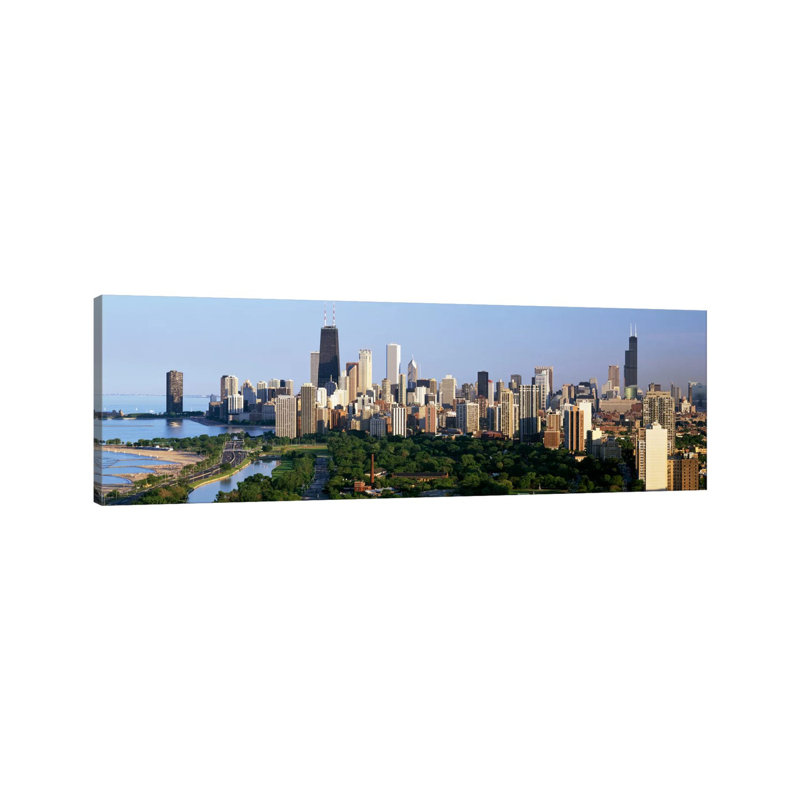 Buildings In A City, View Of Hancock Building And Sears Tower, Lincoln Park, Lake Michigan, Chicago, Cook County, Illinois, USA - Wrapped Canvas Panoramic Print