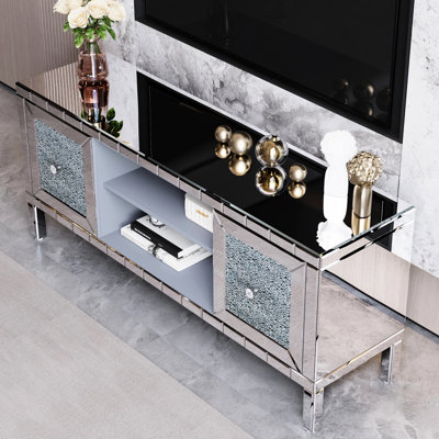 Console de 60 po avec miroir en forme de diamant miroitant, compatible avec 65 po, rangement fonctionnel dans le salon, section centrale modulaire pour console de présentation personnalisée, - portes en forme
