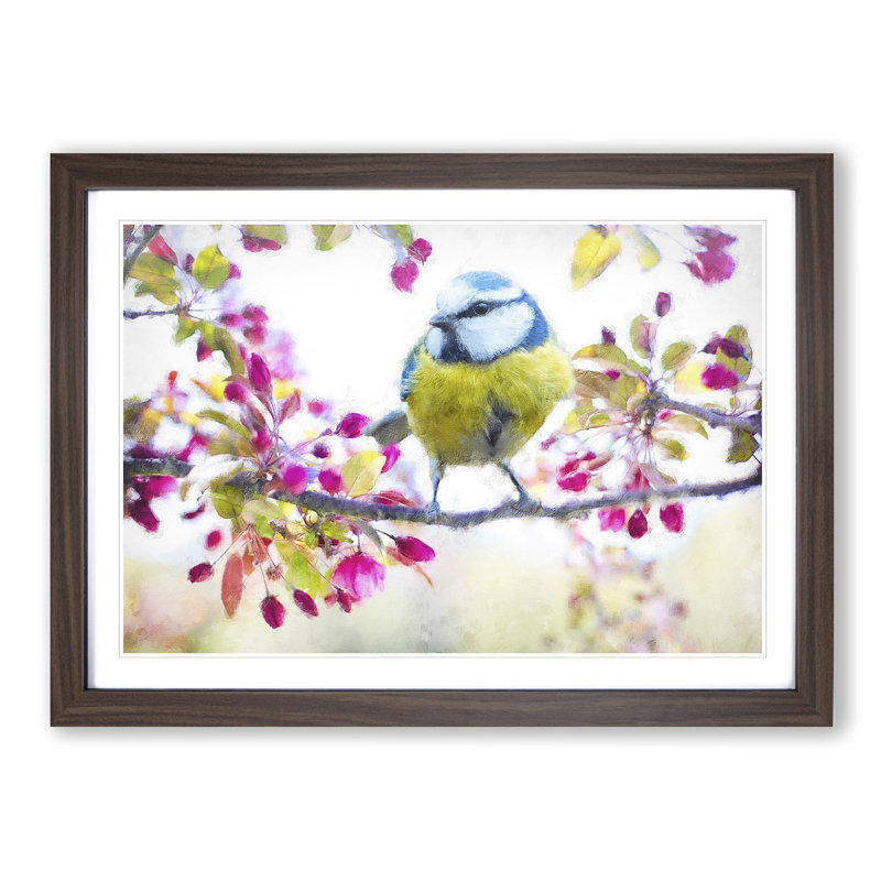 Blue Tit Bird In Spring Painting - Single Picture Frame Print on MDF, 62cm H x 87cm W x 2cm D, Walnut