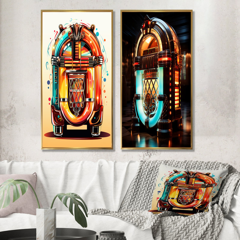 Cubist Jukebox Harmony II - Jukeboxes, ensemble de 2 reproductions d'art mural, Cadre flottant doré, H 28 po x l 25 po