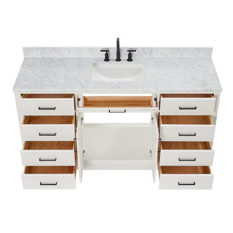 Jameal Solid Wood Single Bathroom Vanity with 0.75'' Carrara Marble Top, Rectangular, White