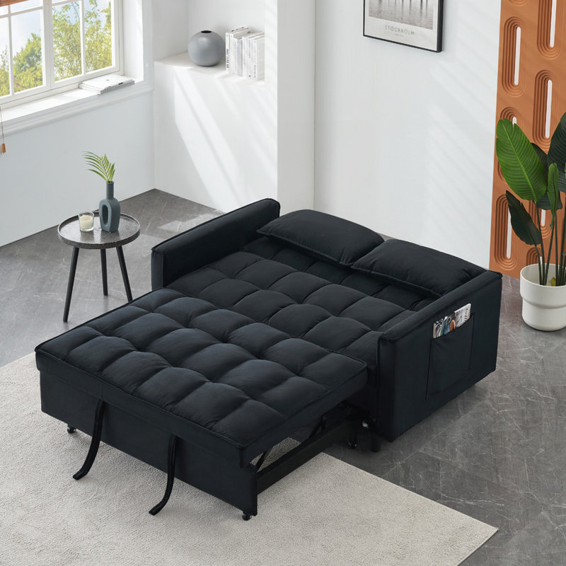 Velvet Upholstered Convertible Sleeper Sofa, Black Velvet