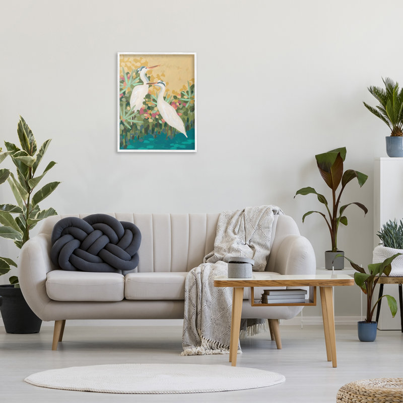"Cadre photo unique Modern Birds At Pond's Edge" par June Erica Vess sur toile, Giclée encadrée blanc bord de mer