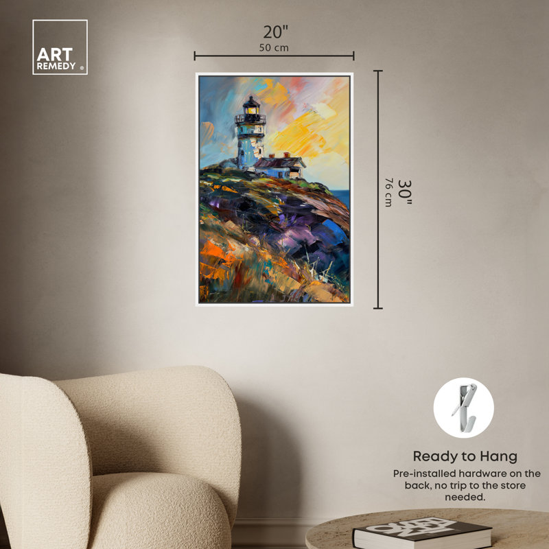 Colorful Lighthouse Impressionism Canvas Art with White Frame, 21" x 31"