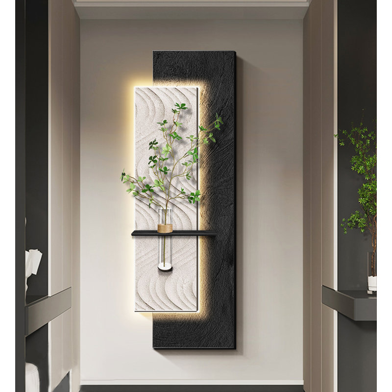 Feng shui zen avec plantes vertes, grès, peintures murales à DEL, H 70,87 po x l 23,62 po x P 4,13 po