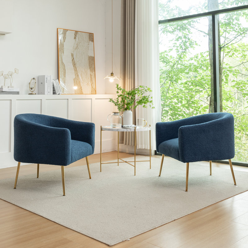Fauteuil demi-tonneau Jameila, Fausse fourrure bleu marine, Doré, 2