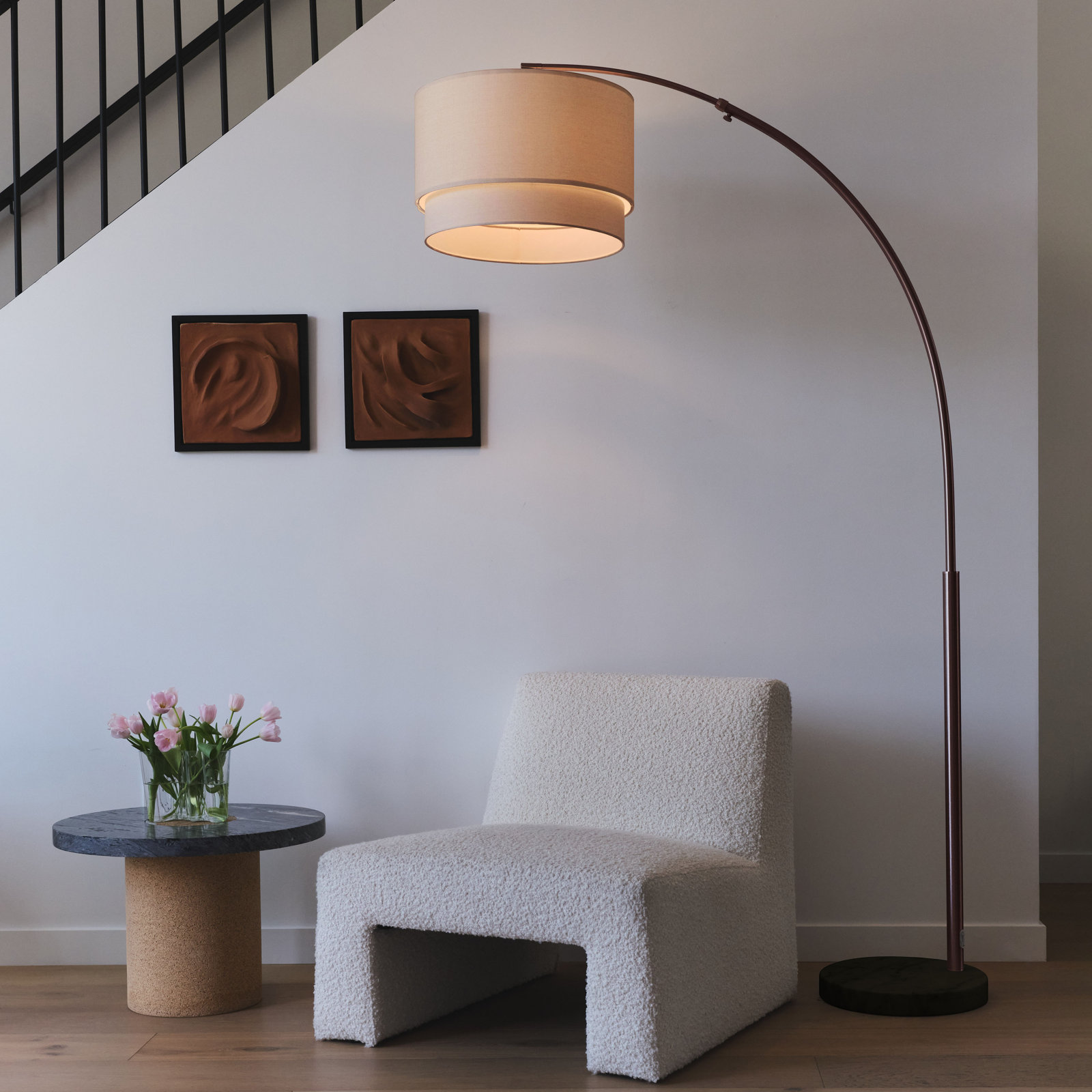 Mason 81 in. Modern Adjustable LED Arched Standing Floor Lamp with Fabric Drum Shade and Weighted Marble Base, Bronze