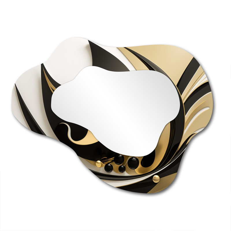 Lawncrest Gold And Black Wave I - Geometric Cloud Unique Wall Mirror Decor, Black Asymmetrical Large Mirror, Printed Metal Art