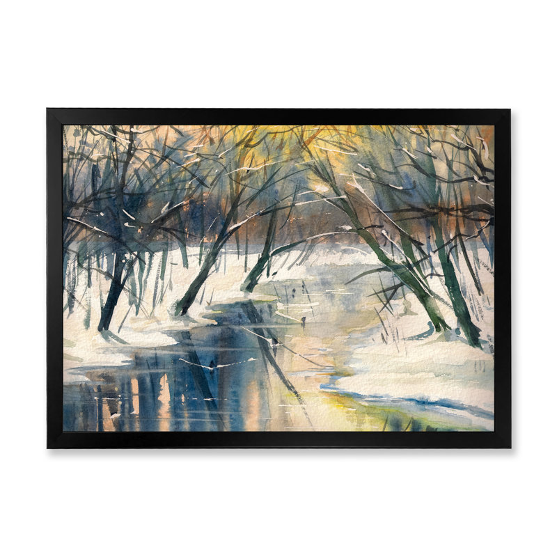 River in Winter Forest - reproduction d'art sur toile, Cadre photo noir, H 8 po x l 12 po x P 1 po