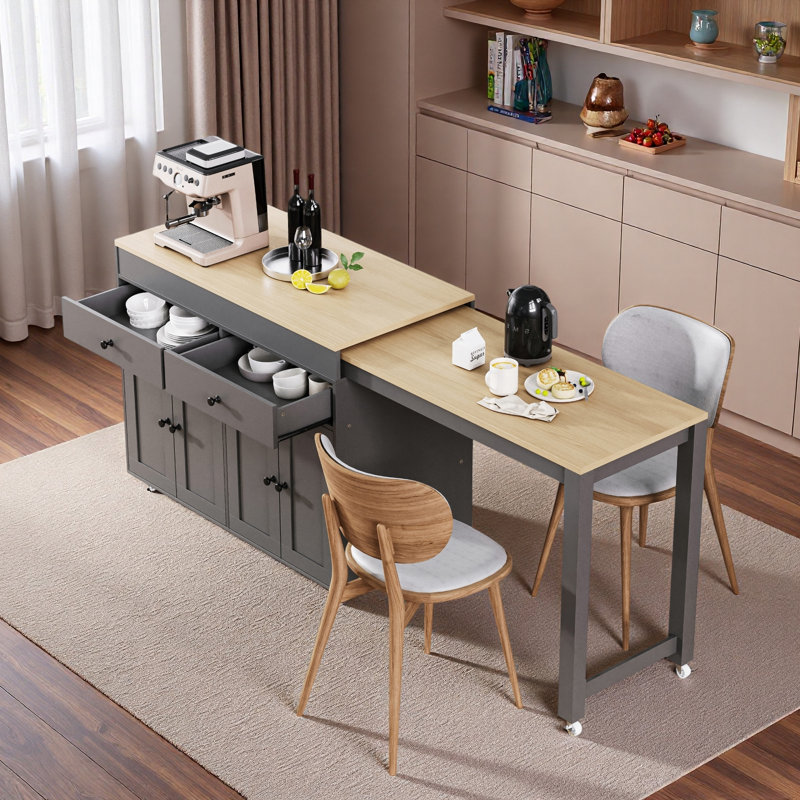 Îlot de cuisine roulant avec table de salle à manger extensible, étagère à épices, 2 tiroirs, armoire à 4 portes et roulettes
