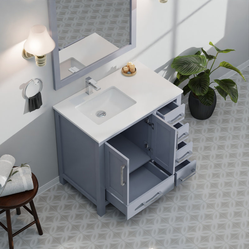 Meuble-lavabo décalé avec comptoir en quartz et miroirs, Gris foncé