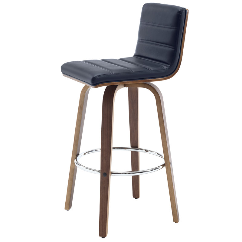 Bomia Swivel Upholstered Stool With Solid Wood Frame and L-Shaped PU Leather Back, Bar Stool (29" Seat Height), Blue