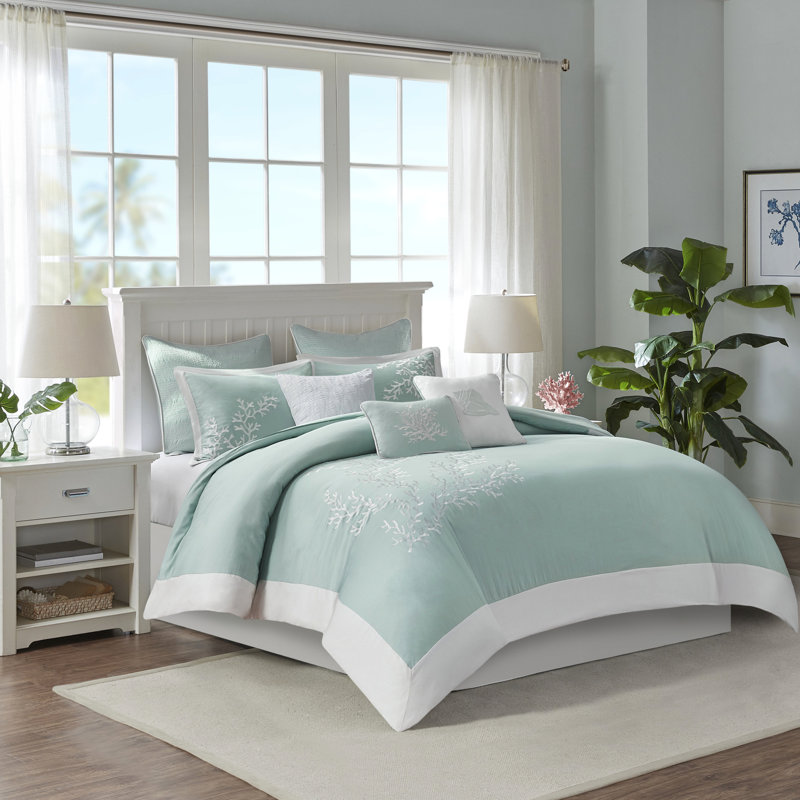 Housse de couette pour lit double / grand 100% coton - Ravissante broderie corail et bordure à bord double / grand, avec pièces élégantes