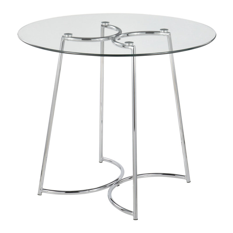 Table de salle à manger contemporaine en chrome avec plateau en verre transparent