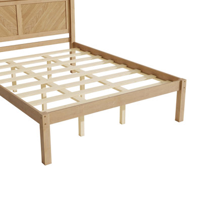 Solid Wood Platform Bed Frame with Herringbone Wood Headboard, Farmhouse Chevron Panel Bed, Under Bed Storage Clearance, No Box Spring Needed