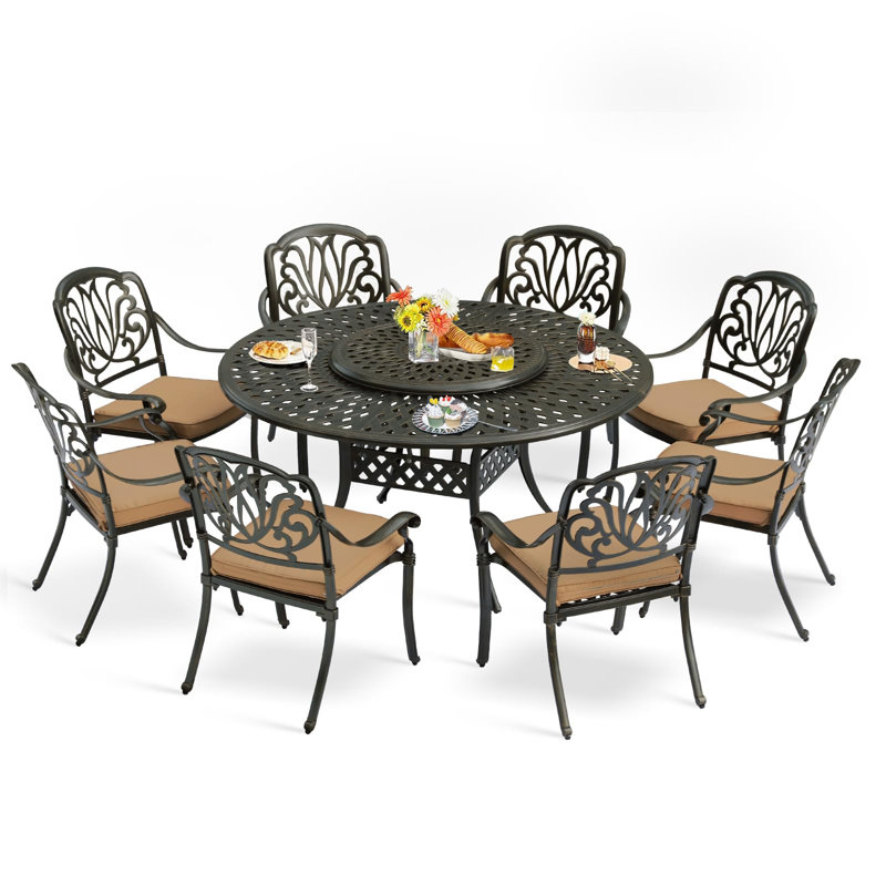 9-Piece Dining Set includes 1 round table with detachable lazy susan, 8 cushioned chairs, Khaki