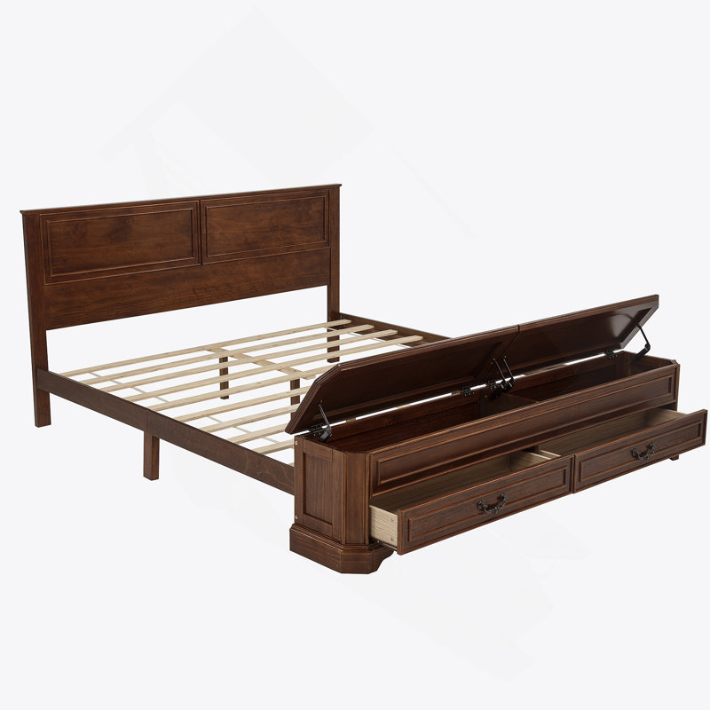 Lit plateforme de style campagnard avec tête de lit et 2 grands tiroirs, Noyer