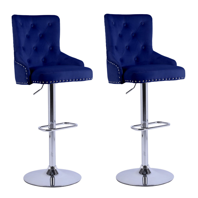 Avryn Velvet Adjustable Swivel Bar Stool, Dark Blue, 2