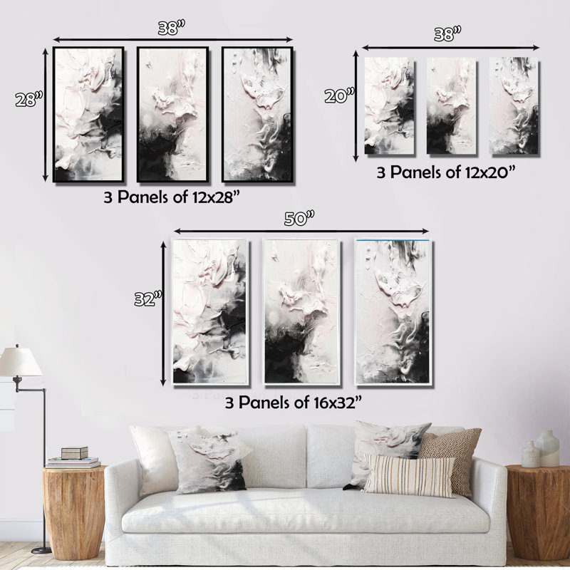 3 pièces sur toile - aquarelle torsion blanche, Cadre naturel flottant, H 28 po x l 36 po