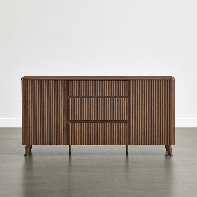 62'' Mid-Century Modern Curved Sideboard Buffet Cabinet with 3 Fluted Drawers and 2 Doors, Walnut