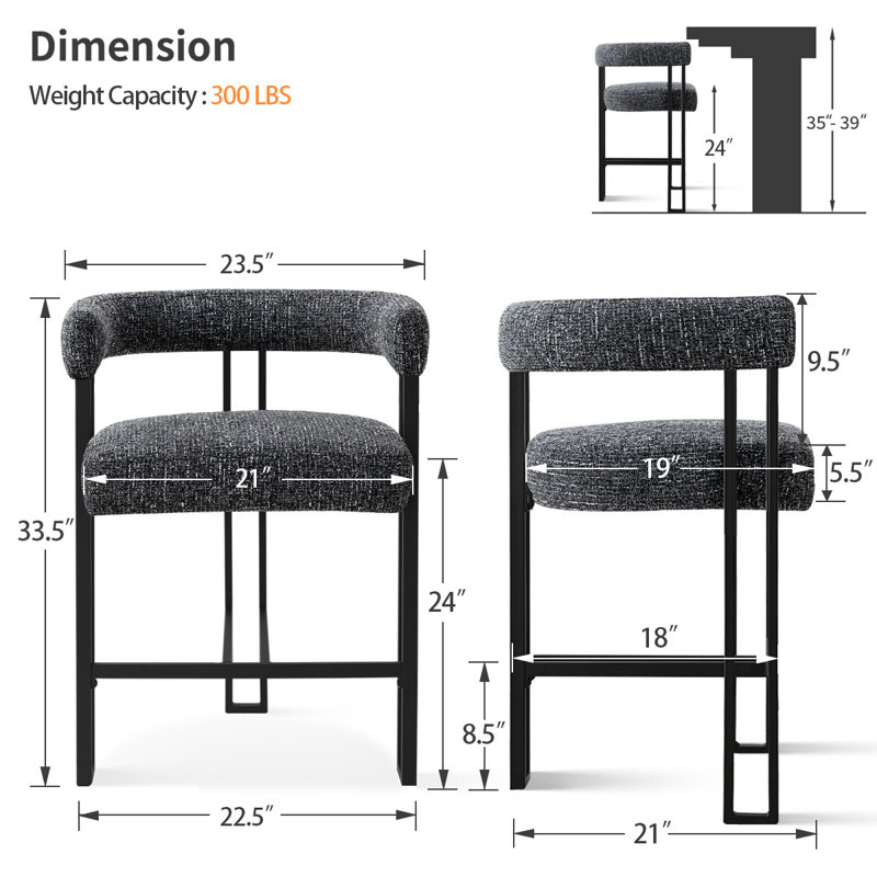 24" Upholstered Tweed Counter Stool, Black