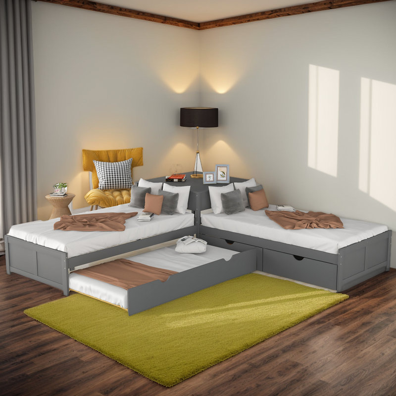 117.6" W L-Shaped Platform Bed With Trundle And Drawers, Linked With Built-In Desk, Twin, Grey, Grey