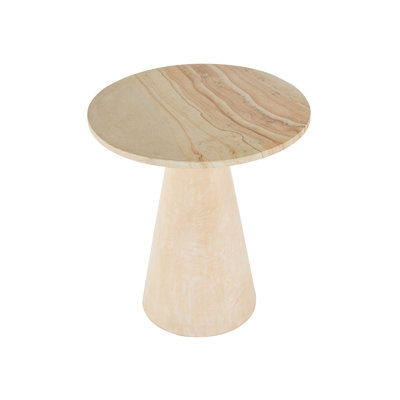 Teak Wood Handmade Cone Cream Side End Accent Table With Beige Marble Tabletop