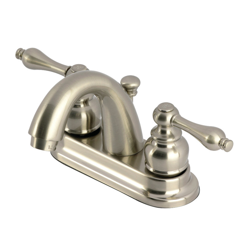 Kingston Brass Restoration Two-Handle 3-Hole Deck Mount 4" Centerset Bathroom Faucet with Plastic Pop-Up, Brushed Nickel