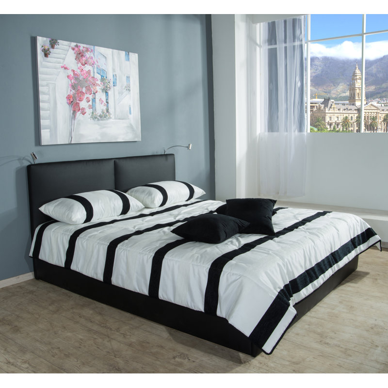Georja Upholstered Faux Leather Bed, Black, European Double (140 x 200 cm)