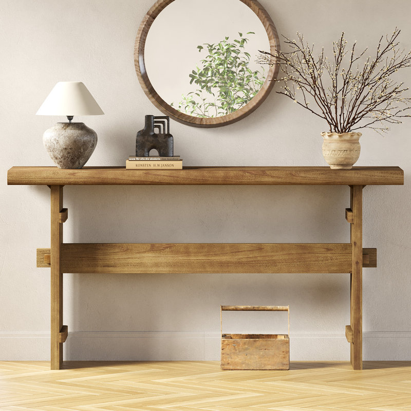 63" Solid Wood Console Table For Entryway, Farmhouse Sofa Table Behind Couch, Brown