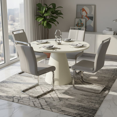 Oreste Mid-Century Modern 5-Piece Dining Set With Faux Leather Chairs And Round Wood Table