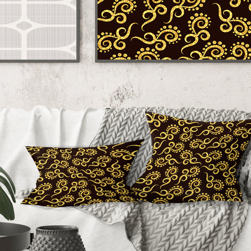 Coussin décoratif doré et noir Swirl II - Mid-Century Modern, 16 po x 1 po