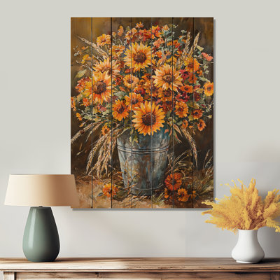 Sunflower And Wheat Bouquet At The Farm III - Sunflowers Wood Wall Decor - On Natural Pine Wood