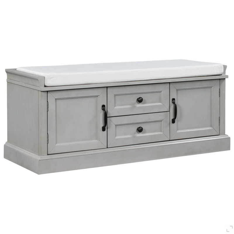 Banc de rangement avec 2 tiroirs et 2 armoires, banc à chaussures avec coussin amovible pour le salon, vestibule, Gris