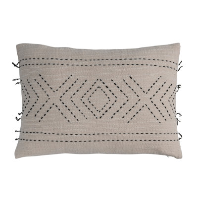 24 Inches Hand-Embroidered Cotton Lumbar Pillow with Kantha Stitch